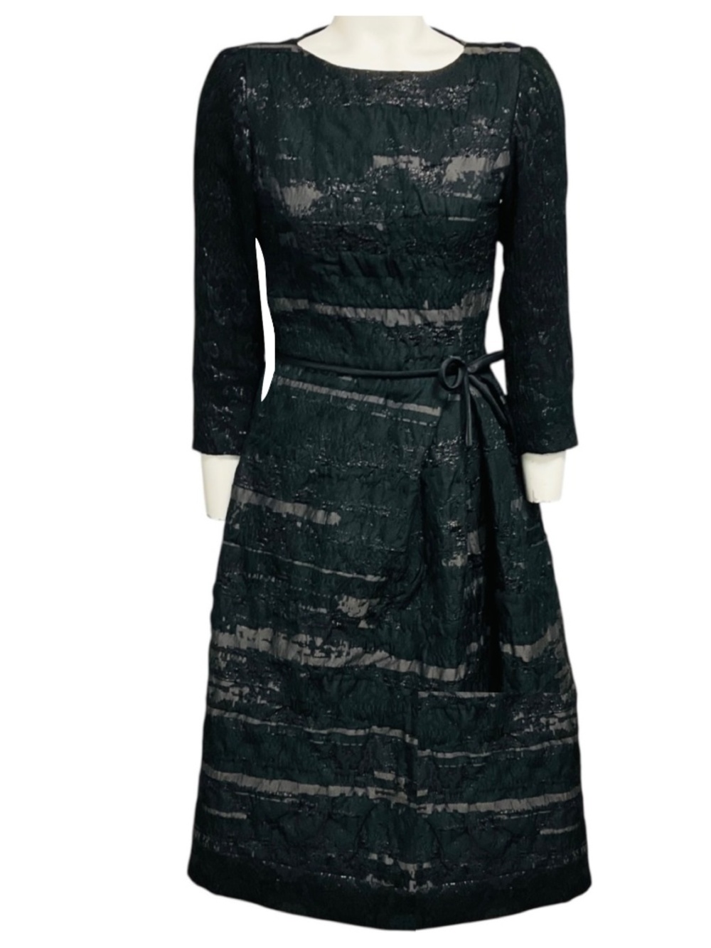 CAROLINA HERRERA BLACK JACQUARD FLARED COCKTAIL DRESS WITH BOW DETAIL